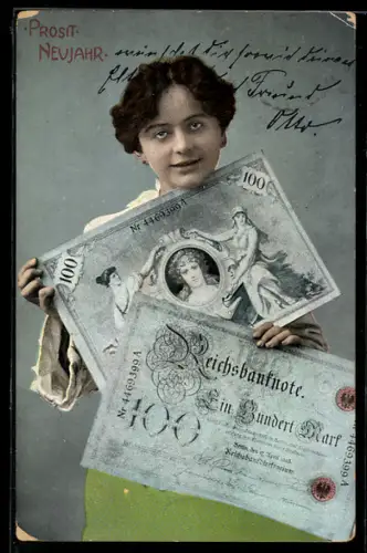 Künstler-AK Hübsche Dame mit einer Ein Hundert Mark Reichsbanknote, Geld