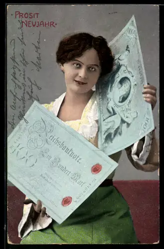 AK Hübsche Frau mit grossen Einhundert Reichsmark-Scheinen