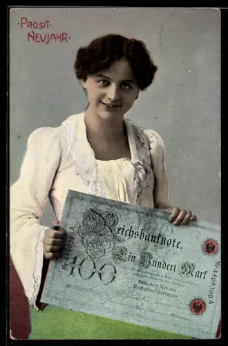 AK Lächelnde Frau mit grossem Einhundert Reichsmark-Schein