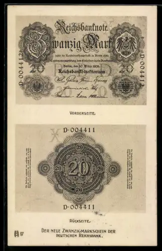 AK Zwanzig Reichsmark-Schein von vorn und hinten