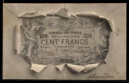 AK Bruxelles, Geldschein durch zerrissenes Papier
