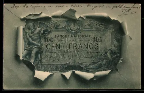 AK Bruxelles, Geldschein über hundert Francs durch zerrissenes Papier