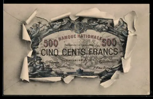 AK Bruxelles, Geldschein durch zerrissenes Papier