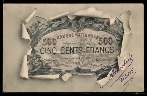 AK Bruxelles, Geldschein durch zerrissenes Papier