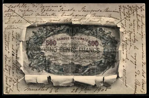 AK Fünfhundert Francs-Schein mit Briefumschlag-Passepartout