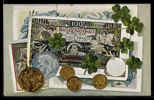 AK Geld Hundert Francs-Schein und Münzen