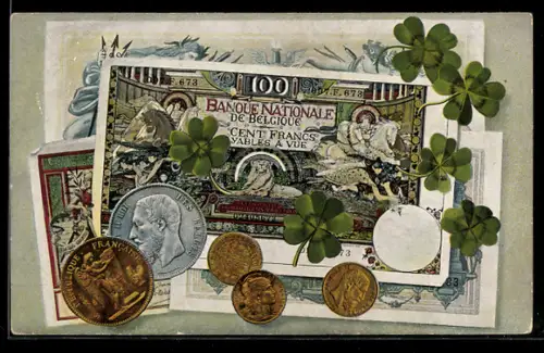 AK Geld Hundert Francs-Schein und Münzen