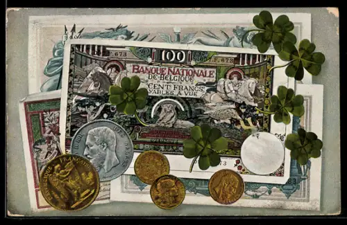 AK Geld Hundert Francs-Schein und Münzen