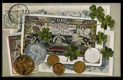 AK Geld Hundert Francs-Schein und Münzen