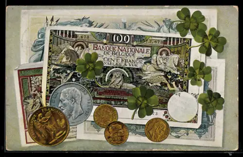 AK Geld Hundert Francs-Schein und Münzen