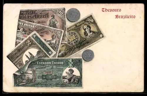 AK Brasilien, Estados Unidos Geldschein und Münzen