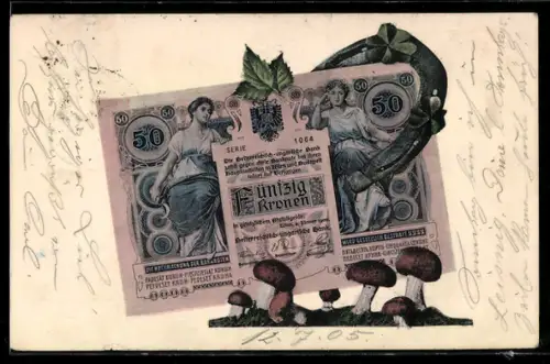 AK Geldschein 50 Kronen, Pilze, Hufeisen