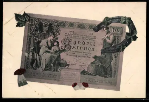 AK Einhundert österreichisch-ungarische Kronen mit Arbeiter und Frau mit Kind