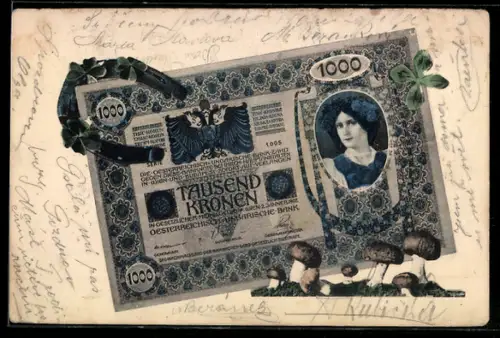 AK Eintausend österreichisch-ungarische Kronen mit Portrait einer Frau