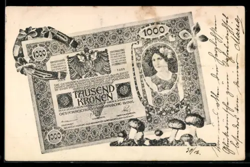 AK Eintausend österreichisch-ungarische Kronen-Schein mit Hufeisen, Kleeblatt und Pilzen