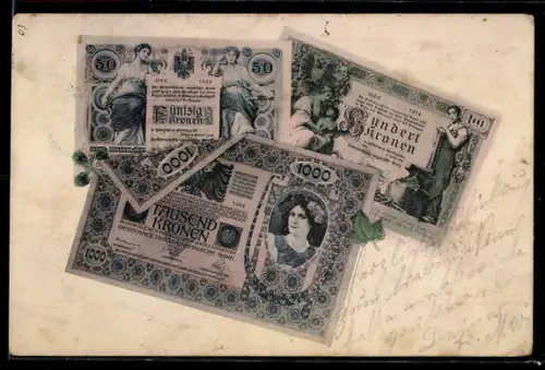 AK Geldscheine zu 50, 100 und 1000 Kronen, Glückwunsch zum Namenstag