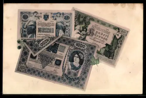 AK Verschiedene Scheine österreichisch-ungarischer Kronen
