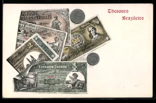 AK Brasilien, Estados Unidos Geldschein und Münzen