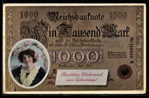 AK Berlin, Geldschein über eintausend Mark, Geburtstagsgruss
