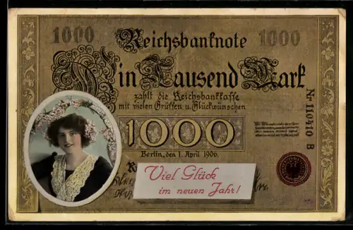 AK Berlin, Geldschein über eintausend Mark, Neujahrsgruss