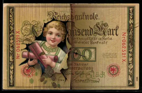 AK Reichsbanknote 1000 Mark, Kind mit Münzrollen