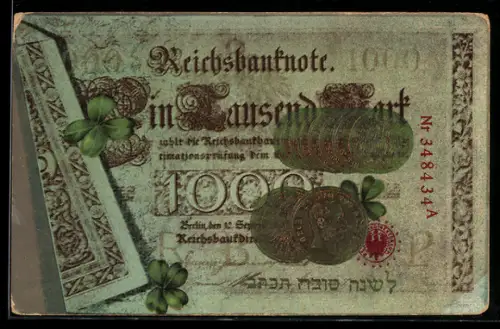 Präge-AK Berlin, Geldschein über eintausend Mark mit Münzen