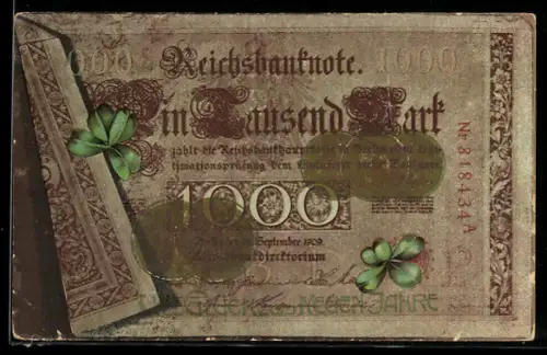 AK Münzen und Geldschein mit Kleeblättern