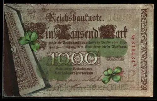 Präge-AK Belrin, Geldschein über eintausend Mark mit Münzen, Neujahrsgruss