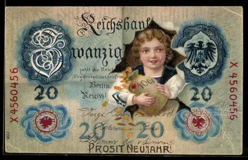 AK Kind mit Geldsack auf Banknote