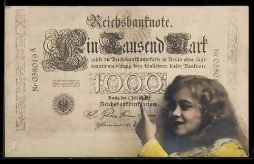 AK Mädchen zeigt auf Geldschein über eintausend Mark