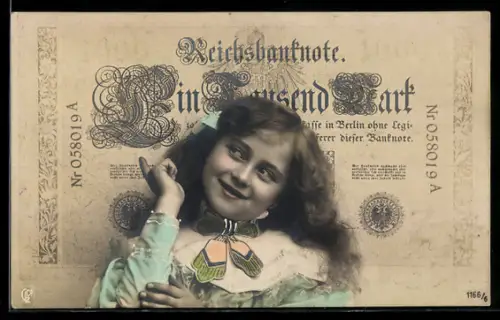 AK Lächelndes Mädchen vor einem 1000 Mark Schein