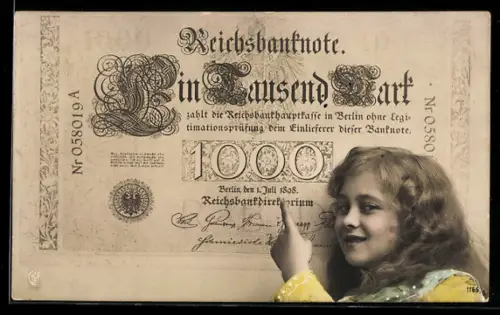 AK Berlin, Mädchen zeigt auf Geldschein über eintausend Mark