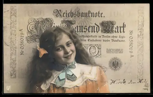 AK Mädchen vor Reichsbanknote über 1.000 Mark