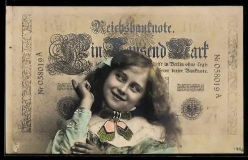 AK Lächelndes Mädchen vor einem 1000 Mark Schein
