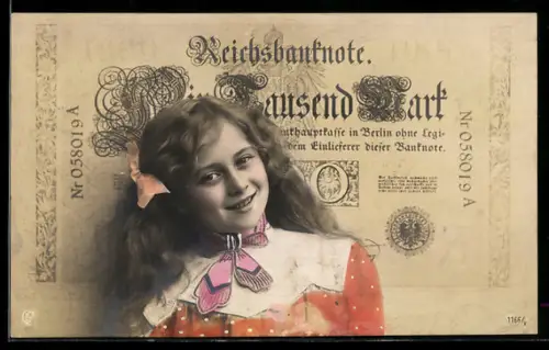 AK Mädchen vor Reichsbanknote über 1.000 Mark
