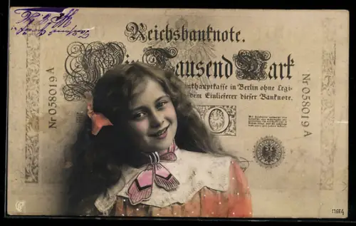 AK Mädchen vor Reichsbanknote über 1.000 Mark