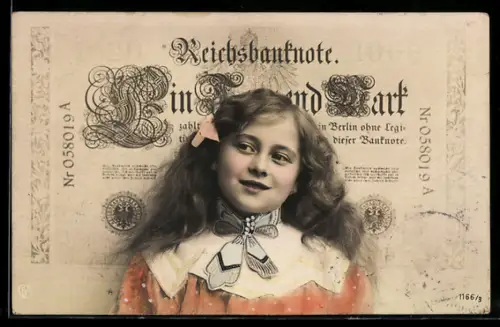 AK Mädchen vor Geldschein über eintausend Mark