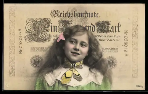 AK Mädchen vor Geldschein über eintausend Mark