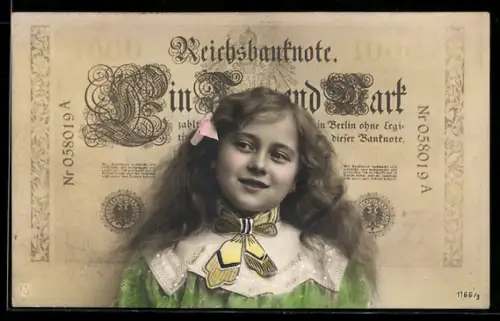 AK Mädchen vor Geldschein über eintausend Mark