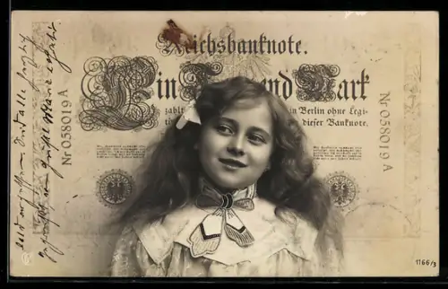 AK Mädchen vor Geldschein über eintausend Mark