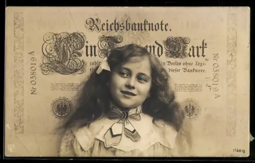 AK Mädchen vor Geldschein über eintausend Mark