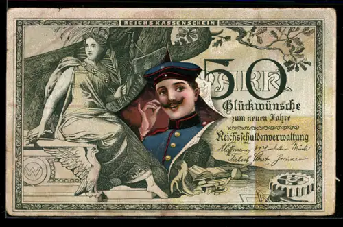 AK Soldat durch zerrissenen Geldschein, Neujahrsgruss