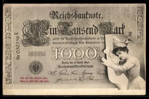 AK Berlin, Geldschein über eintausend Mark, Frau macht eine lange Nase