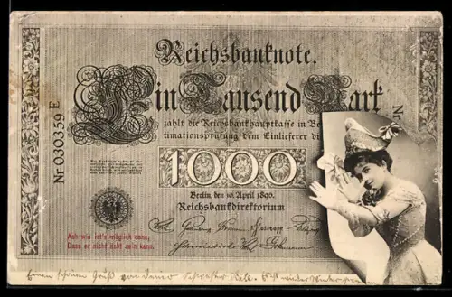 AK Berlin, Geldschein über eintausend Mark, Frau macht eine lange Nase