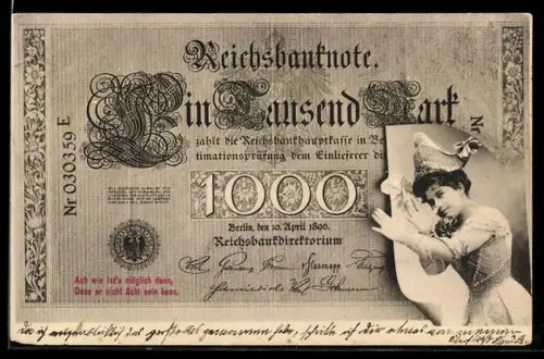 AK Berlin, Geldschein über eintausend Mark, Frau macht eine lange Nase