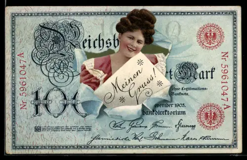 AK Reichsbanknote, Geld, Dame mit Grusskarte