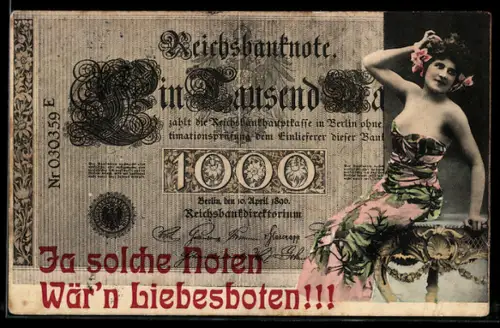 AK Berlin, Geldschein über eintausend Mark, Frau sitzt auf Tisch