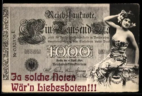 AK Berlin, Geldschein über eintausend Mark, Frau sitzt auf Tisch