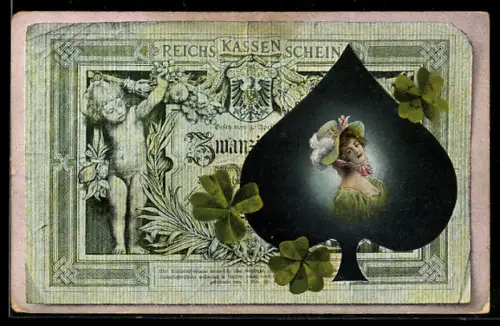 AK Reichskassenschein mit Dame im Pik und Glückskleeblättern