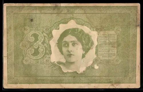 AK Portrait Vera Karalli mit russischem Geldscheinpassepartout